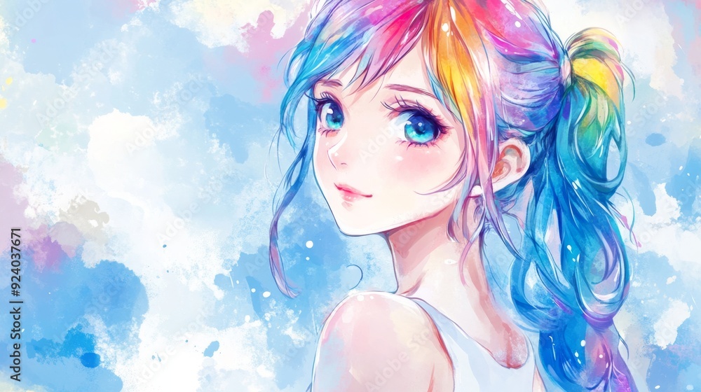 Charming anime girl with rainbow pigtails in a whimsical white dress, set against a vibrant cloud-inspired background, filled with cheerful colors and enchanting details. Charming anime girl with rainbow pigtails in a whimsical white dress, set against a vibrant cloud-inspired background, filled with cheerful colors and enchanting details.
