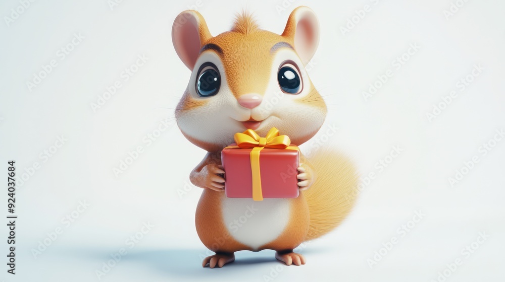 Obraz premium Adorable Cartoon Squirrel Holding a Gift Box with Orange Ribbon on a White Background