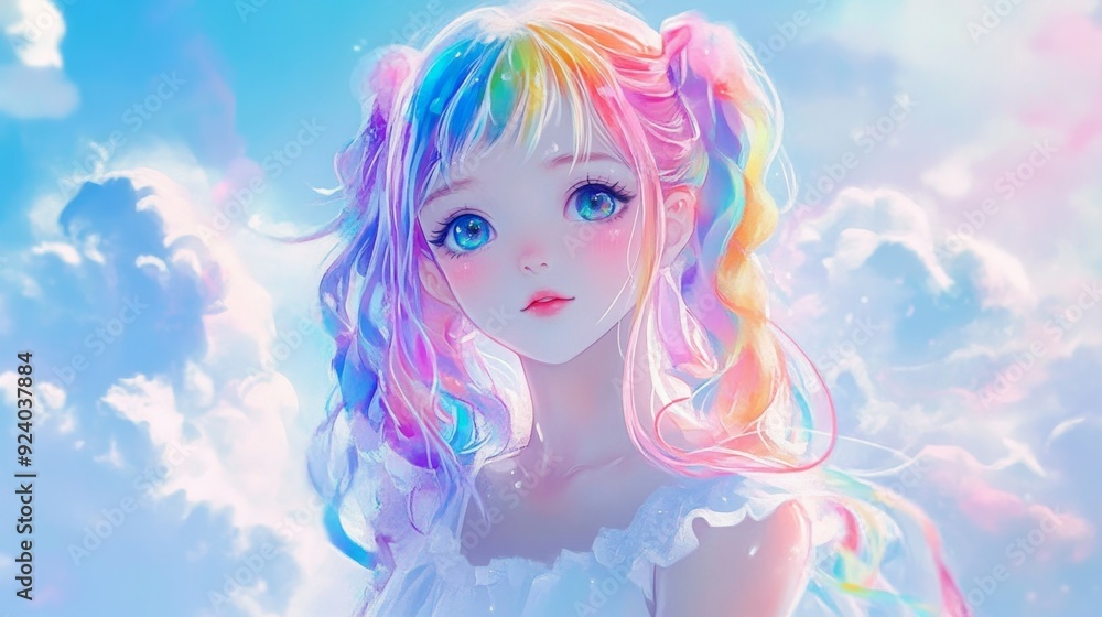 Whimsical Anime Girl with Rainbow Hair, showcasing a charming character in a white dress against a vibrant, cloud-themed backdrop filled with soft hues and enchanting colors