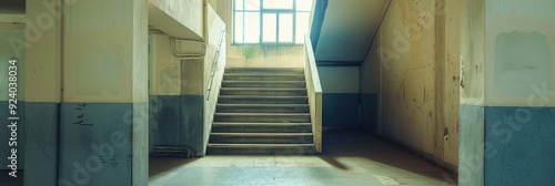 Emergency and evacuation staircase featuring an upward ladder in an unoccupied office space photo