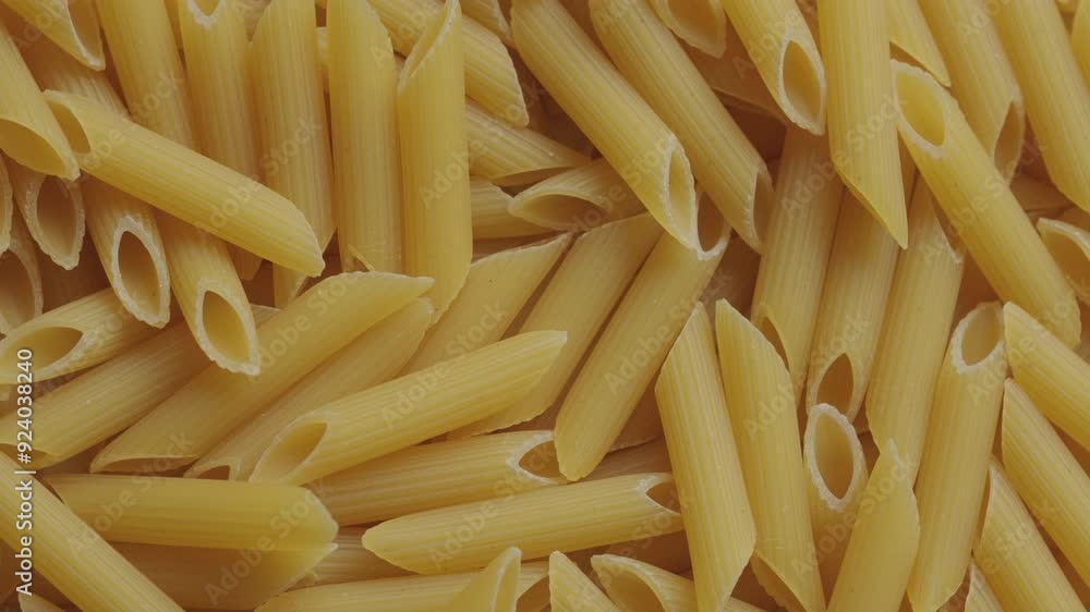 Uncooked Penne Pasta rotating macro background texture. Italian cuisine and culture. Food preparation. Uncooked Penne Pasta rotating macro background texture. Italian cuisine and culture. Food preparation.