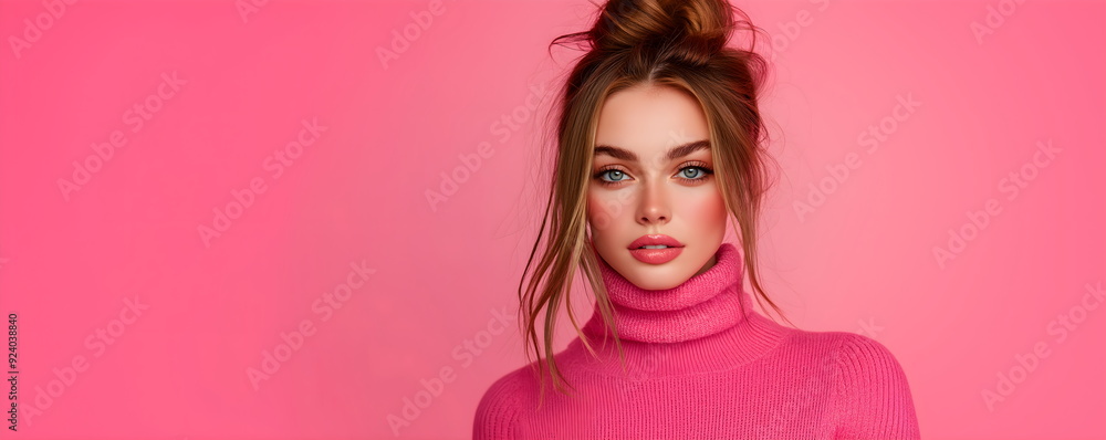 Stylish woman in bright pink turtleneck sweater with messy bun hairstyle against vibrant pink background, fashion portrait. Creative background for banner or poster with copy space Stylish woman in bright pink turtleneck sweater with messy bun hairstyle against vibrant pink background, fashion portrait. Creative background for banner or poster with copy space