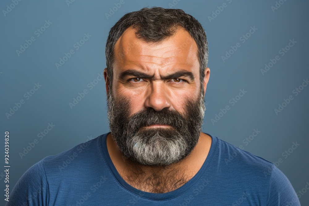 Obraz premium A man with a beard and a blue shirt is staring at the camera