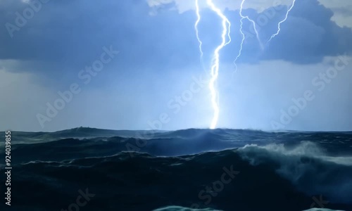 3d view of a powerful lightning strike in the ocean