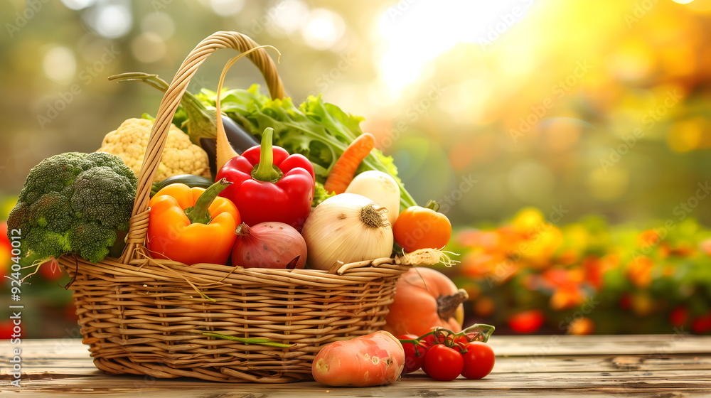 Fresh harvest of vegetables in wicker basket on wooden table with blurred autumn background, healthy organic produce from local farm. Banner with copy space Fresh harvest of vegetables in wicker basket on wooden table with blurred autumn background, healthy organic produce from local farm. Banner with copy space
