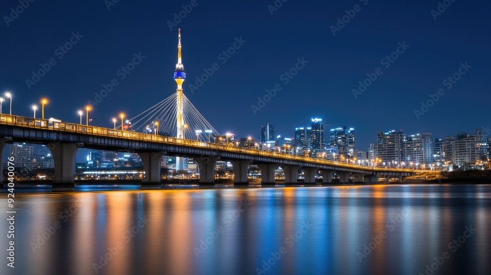 Fototapeta premium The River Bridge stands illuminated at night, casting vibrant blue reflections on calm waters in the heart of Seoul, showcasing the city’s beauty and architectural elegance