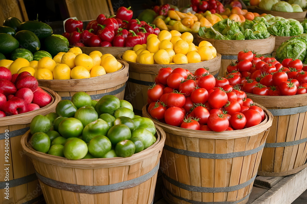 Fresh produce in wooden barrels at farmers market. Colorful tomatoes, apples, and peppers. Autumn harvest variety Fresh produce in wooden barrels at farmers market. Colorful tomatoes, apples, and peppers. Autumn harvest variety