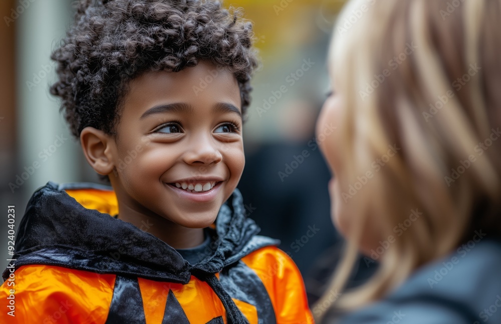 Obraz premium A young Black boy happily dressed as a vampire, smiling proudly at his mother