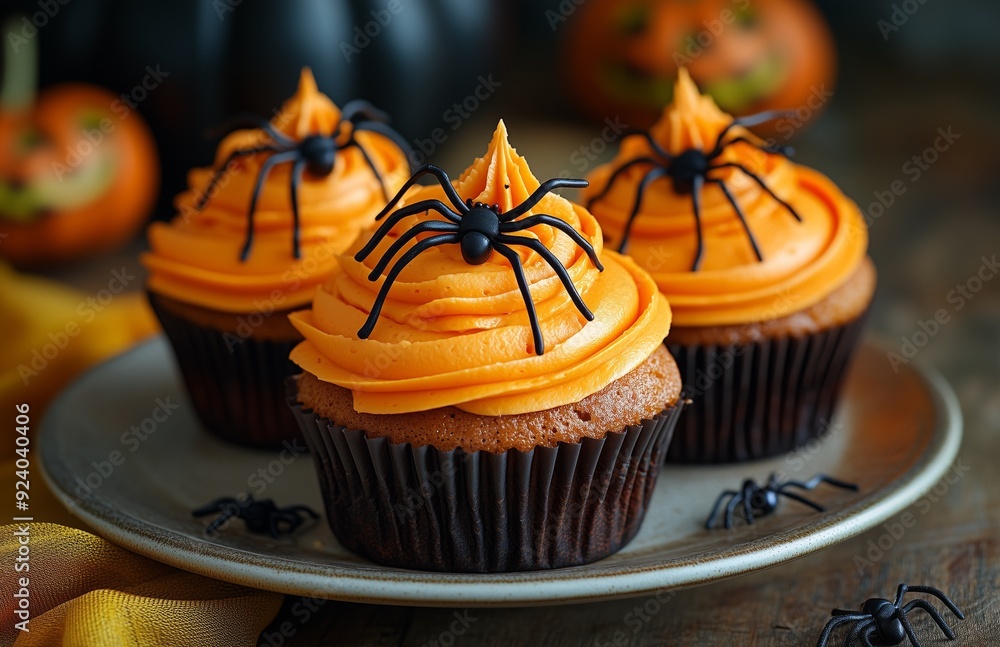 Halloween themed cupcakes with spider decorations are creatively arranged on a festive plate for display Halloween themed cupcakes with spider decorations are creatively arranged on a festive plate for display