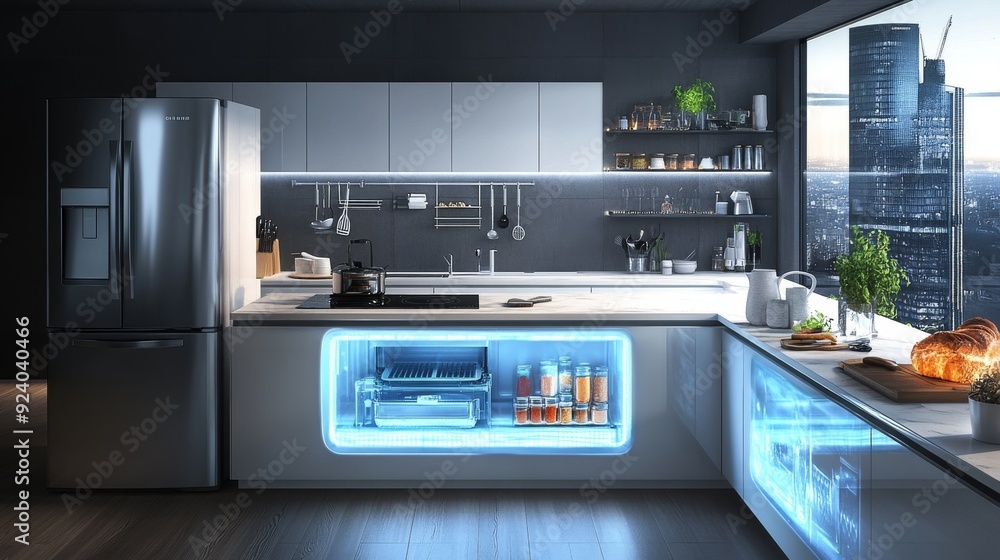 Smart Home Kitchen with Voice Control: A kitchen where appliances are controlled via voice commands. Smart Home Kitchen with Voice Control: A kitchen where appliances are controlled via voice commands.