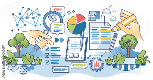 Thematic analysis for qualitative data research outline hands concept. Deep information identifying, analysing or interpreting patterns within text vector illustration. Statistic method or technique