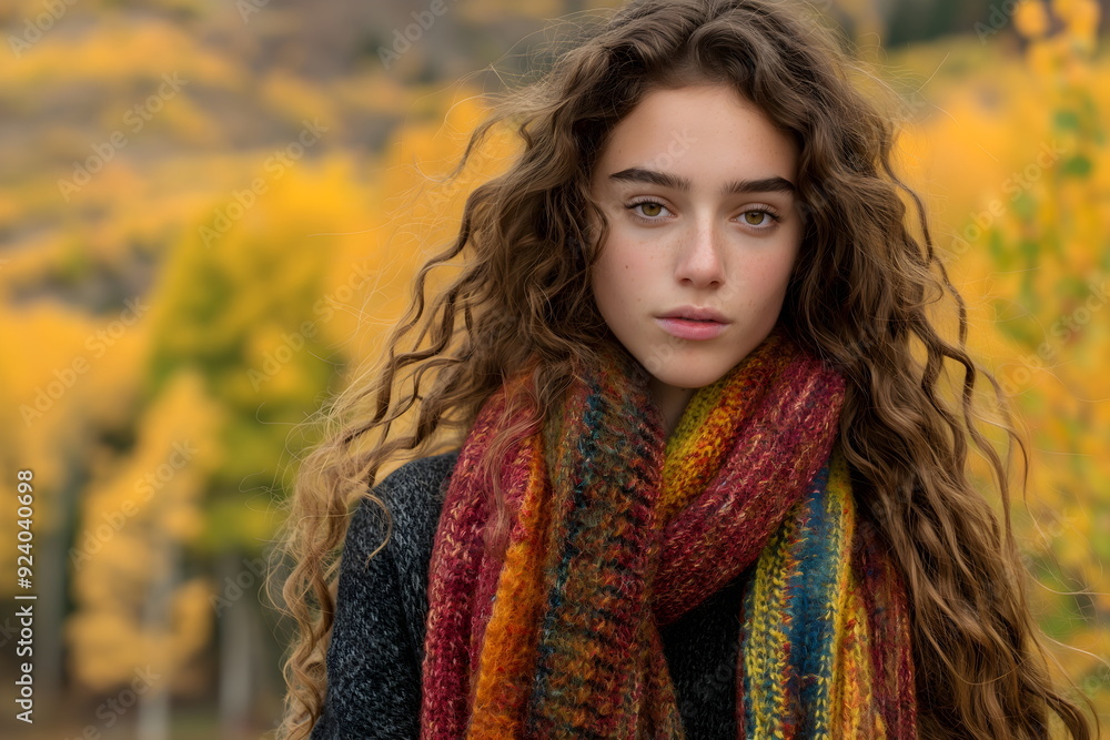 Young woman with long curly hair wearing colorful knitted scarf outdoors in autumn scenery Young woman with long curly hair wearing colorful knitted scarf outdoors in autumn scenery