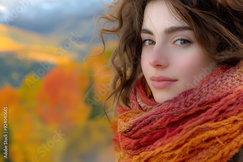 Portrait of young woman with auburn hair surrounded by vibrant autumn foliage, wearing colorful scarf and natural makeup