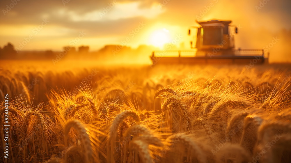 Combine harvester working in golden wheat field at sunset Combine harvester working in golden wheat field at sunset
