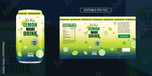 Lemonade label design, Soda can label, lemon drink label, editable vector eps. soft drink label design, lemon juice can label design.