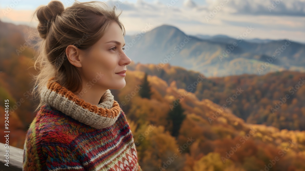 Woman in sweater, autumn view of mountains, fall foliage landscape. Banner with copy space Woman in sweater, autumn view of mountains, fall foliage landscape. Banner with copy space