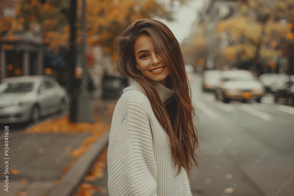 Stylish woman in white sweater walking on city street with autumn trees and fallen leaves Stylish woman in white sweater walking on city street with autumn trees and fallen leaves