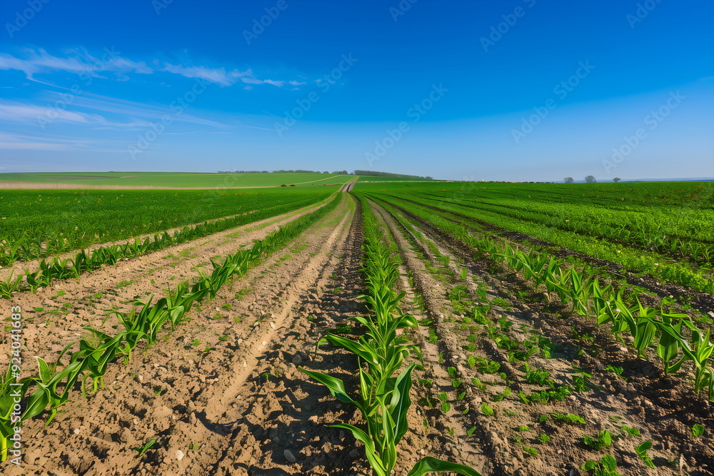 Rows of young corn plants in agricultural field under blue sky, early growth stage and precision farming techniques Rows of young corn plants in agricultural field under blue sky, early growth stage and precision farming techniques