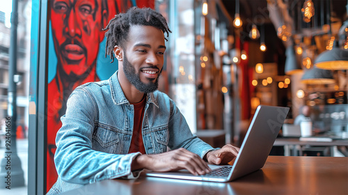 Young man working on laptop in modern cafe with urban art and warm lighting
