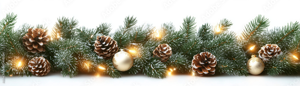 Vector Christmas garland of green pine branches with lights on a white background, forming a horizontal border for a banner or web design elements. Vector Christmas garland of green pine branches with lights on a white background, forming a horizontal border for a banner or web design elements.