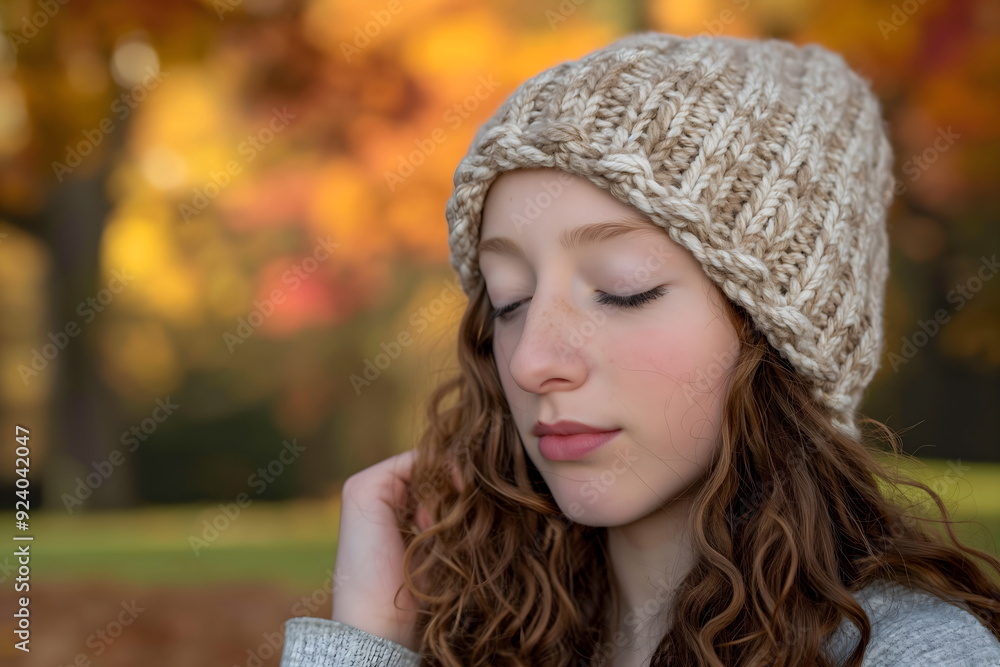 Young woman wearing knitted beanie hat with autumn foliage background, eyes closed and serene expression, outdoor portrait in fall season. Blank space for advertising message or text on poster Young woman wearing knitted beanie hat with autumn foliage background, eyes closed and serene expression, outdoor portrait in fall season. Blank space for advertising message or text on poster