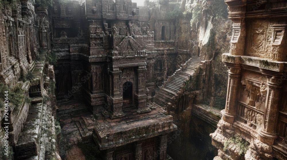 Ancient Stone Structures and a Stairway in a Lush Jungle Ancient Stone Structures and a Stairway in a Lush Jungle