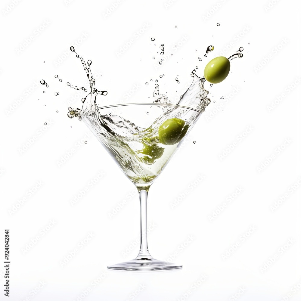 Elegant and stylish martini glass with olives and splashing liquid isolated on a white background. Perfect for bars, restaurants, and other food and beverage concepts. Elegant and stylish martini glass with olives and splashing liquid isolated on a white background. Perfect for bars, restaurants, and other food and beverage concepts.