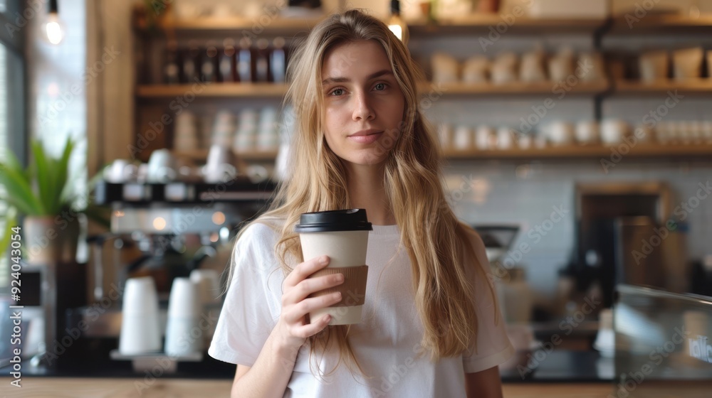 The woman holding coffee cup The woman holding coffee cup