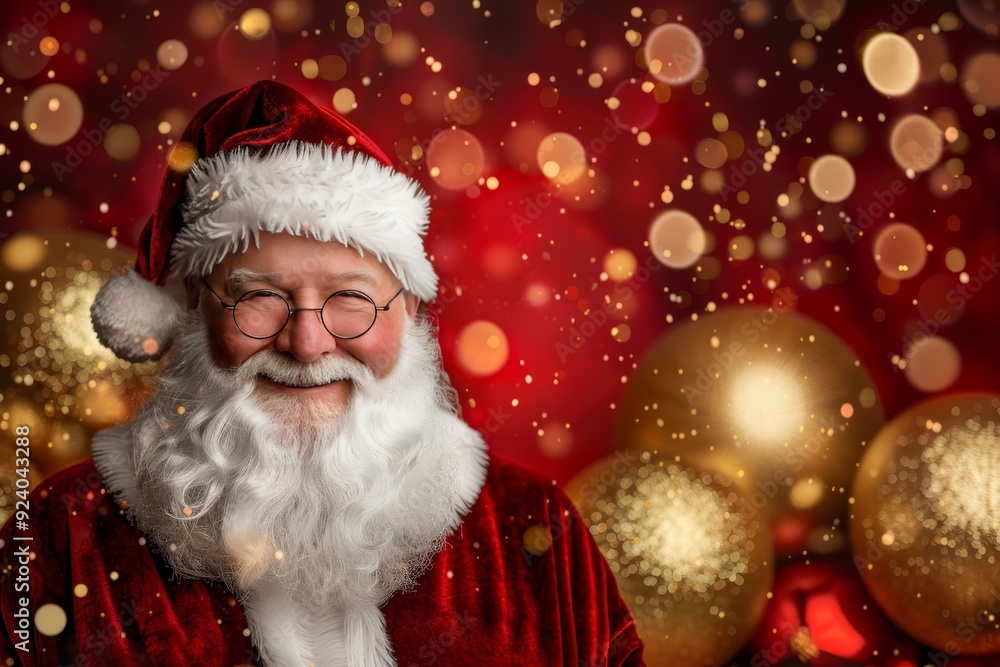 Smiling Santa Claus with Glasses and a White Beard against a Festive Red Bokeh Background Smiling Santa Claus with Glasses and a White Beard against a Festive Red Bokeh Background