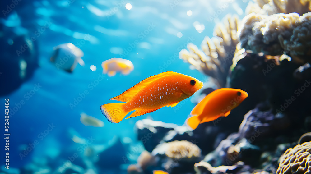 Fototapeta premium A close-up of a coral reef showcases vibrant orange fish swimming among colorful corals and bubbles in a beautiful underwater scene