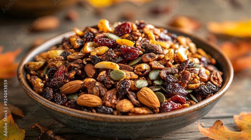 A platter of dark brown, spiced nuts and seeds mixed with dried autumn fruits, served in a rustic bowl with a backdrop of fallen leaves A platter of dark brown, spiced nuts and seeds mixed with dried autumn fruits, served in a rustic bowl with a backdrop of fallen leaves