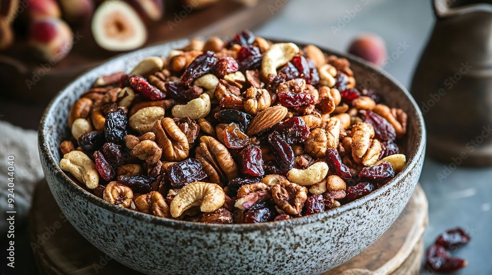 A platter of dark brown, spiced nuts mixed with dried autumn fruits like cranberries and figs, served in a rustic bowl A platter of dark brown, spiced nuts mixed with dried autumn fruits like cranberries and figs, served in a rustic bowl