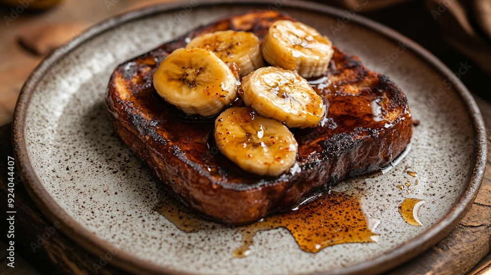 A warm, autumnal breakfast featuring dark brown French toast topped with caramelized bananas and a drizzle of maple syrup, served on a rustic plate A warm, autumnal breakfast featuring dark brown French toast topped with caramelized bananas and a drizzle of maple syrup, served on a rustic plate