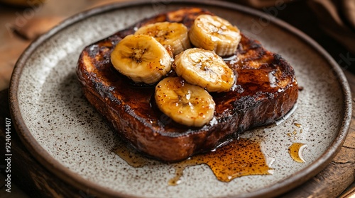 A warm, autumnal breakfast featuring dark brown French toast topped with caramelized bananas and a drizzle of maple syrup, served on a rustic plate