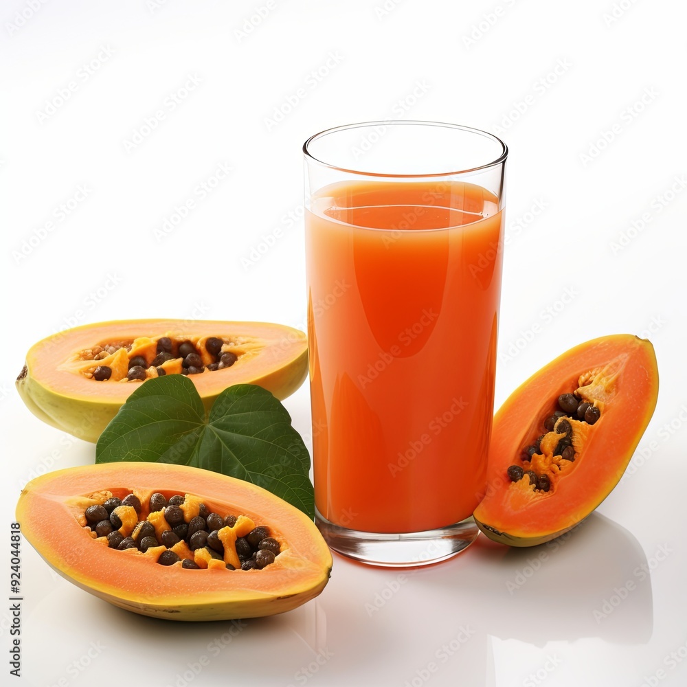 Close-up of a ripe organic papaya fruit and a glass of refreshing papaya juice on a clean white background. Ideal for stock agencies, advertisements, marketing campaigns, and social media posts. Close-up of a ripe organic papaya fruit and a glass of refreshing papaya juice on a clean white background. Ideal for stock agencies, advertisements, marketing campaigns, and social media posts.
