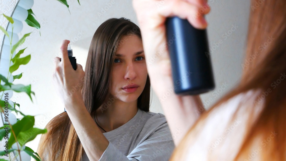 A young beautiful woman spraying her hair with a hairspray in front of the mirror A young beautiful woman spraying her hair with a hairspray in front of the mirror