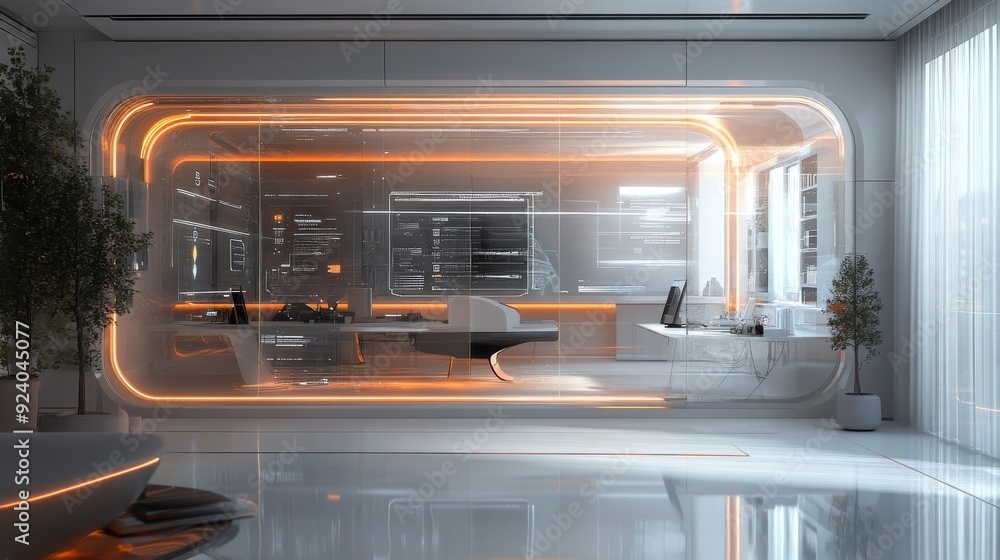 Futuristic Smart Office with Transparent Screens: An office with transparent screens and interactive workspaces. Futuristic Smart Office with Transparent Screens: An office with transparent screens and interactive workspaces.