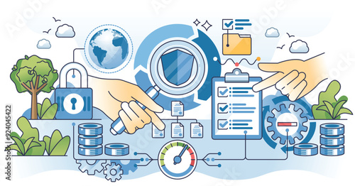 Security lifecycle review or SLR for security risks outline hands concept. Privacy protection management with application than tracks safety concerns about company information vector illustration.
