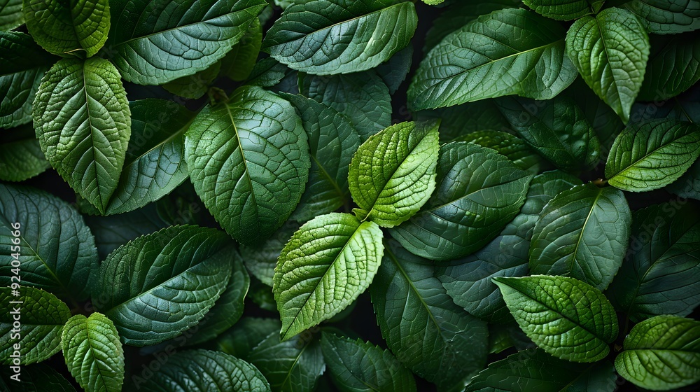 Lush Green Leaves of Various Shapes and Textures Laying in Natural Arrangement in a Garden Setting Lush Green Leaves of Various Shapes and Textures Laying in Natural Arrangement in a Garden Setting