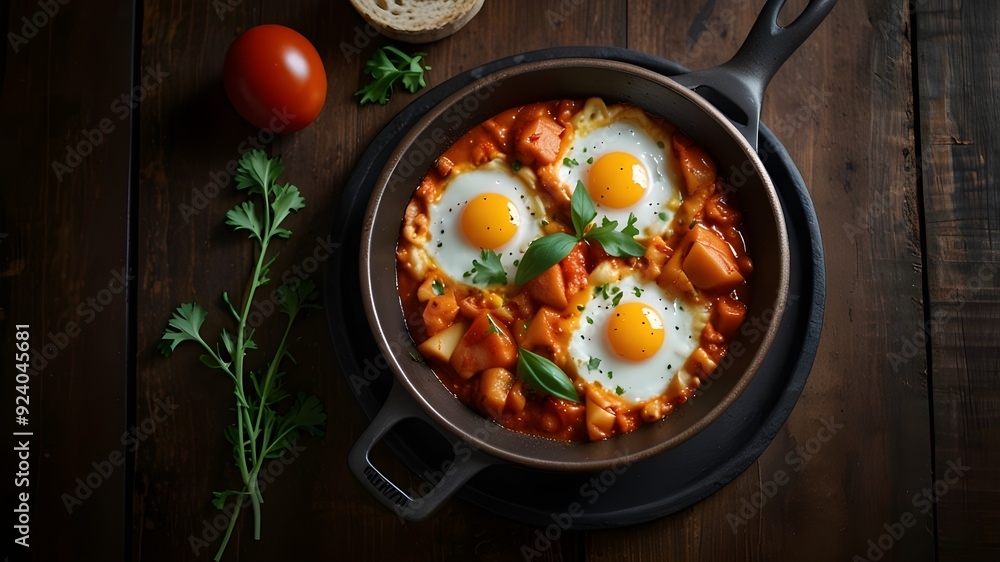 Shakshuka food photos from above, in the opulent Michelin kitchen style with studio lighting. Shakshuka food photos from above, in the opulent Michelin kitchen style with studio lighting.