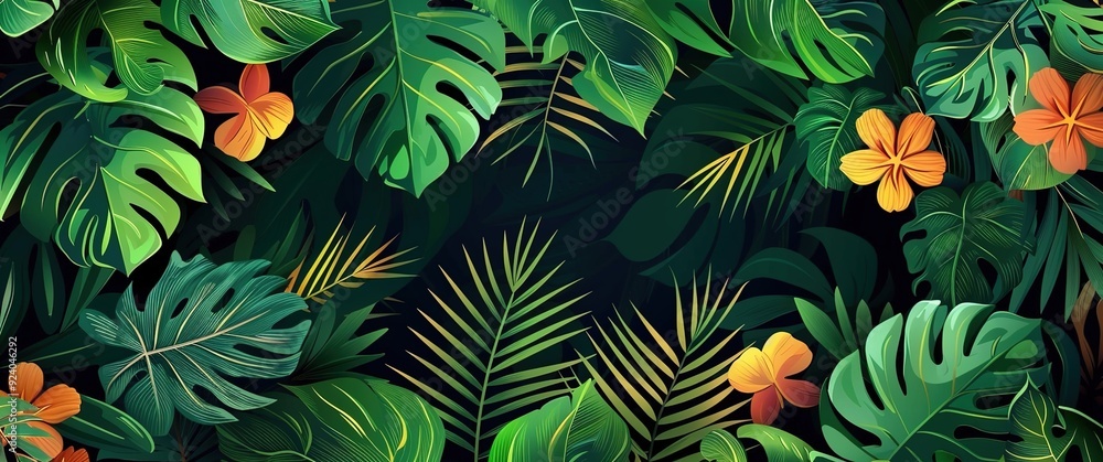 Vector illustration of a tropical jungle background featuring leaves and flowers Vector illustration of a tropical jungle background featuring leaves and flowers