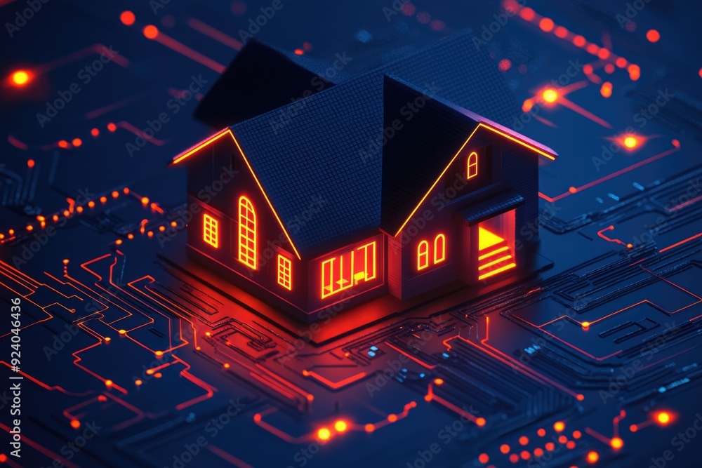 An AI is building a smart house on a digital circuit board with glowing elements An AI is building a smart house on a digital circuit board with glowing elements