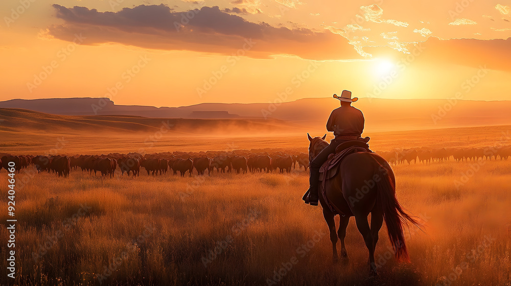 A cowboy on horseback guides a herd of cattle across open plains as the sun sets, casting a warm glow over the landscape. A cowboy on horseback guides a herd of cattle across open plains as the sun sets, casting a warm glow over the landscape.