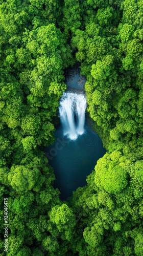 Aerial of a cascading waterfall plunging into a deep pool surrounded by lush tropical vegetation, creating a powerful and mesmerizing natural spectacle