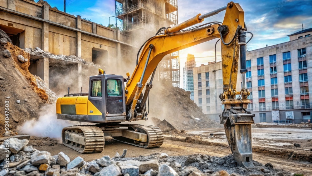 Fototapeta premium Excavator-mounted hydraulic jackhammer in use , construction, machinery, equipment, demolition, industrial, powerful