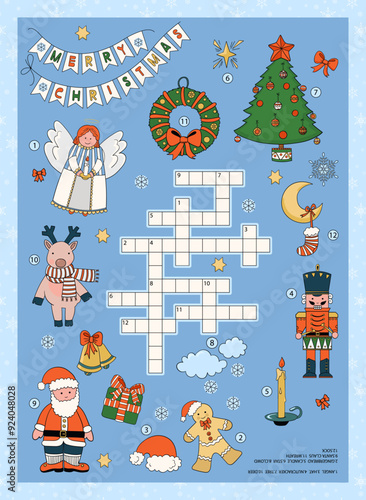 Colored Crossword.Christmas themed crossword game for kids.12 Christmas elements - Santa Claus, angel, reindeer, nutcracker, wreath, Christmas pine, gingerbread, candle.English.Vector illustration.