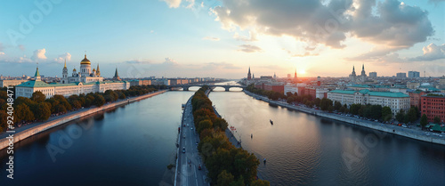 Aerial View of Moscow River with Historic Landmarks at Sunset