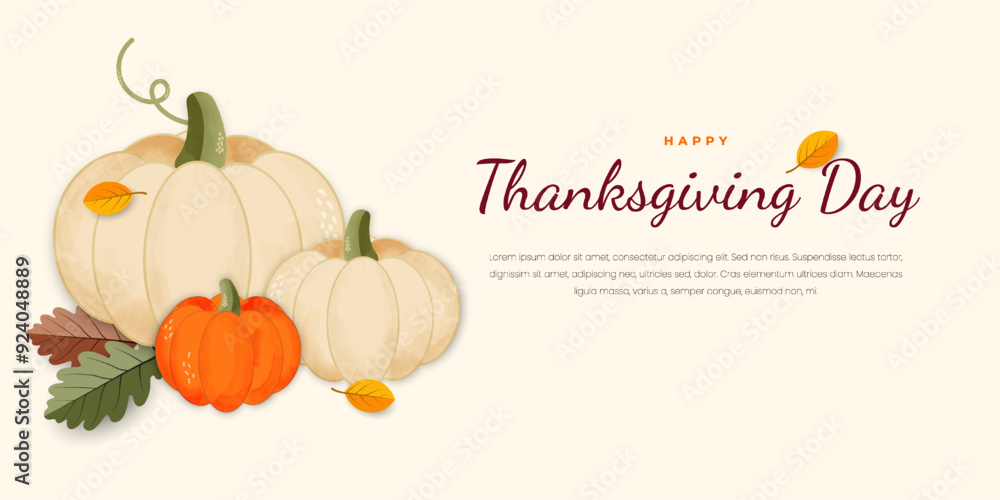 Happy thanksgiving greeting banner design template. Autumn background with pumpkin and dry fall leaves. Vector illustration Happy thanksgiving greeting banner design template. Autumn background with pumpkin and dry fall leaves. Vector illustration