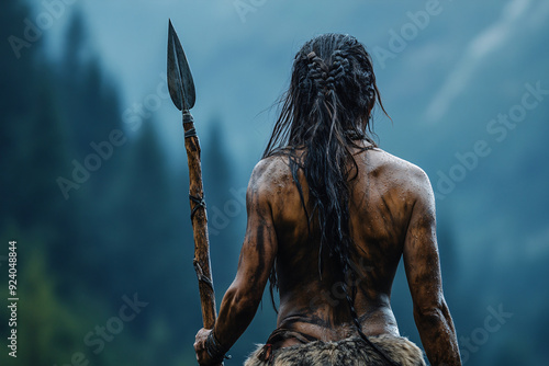 Back view of prehistoric woman with spear on hunt photo