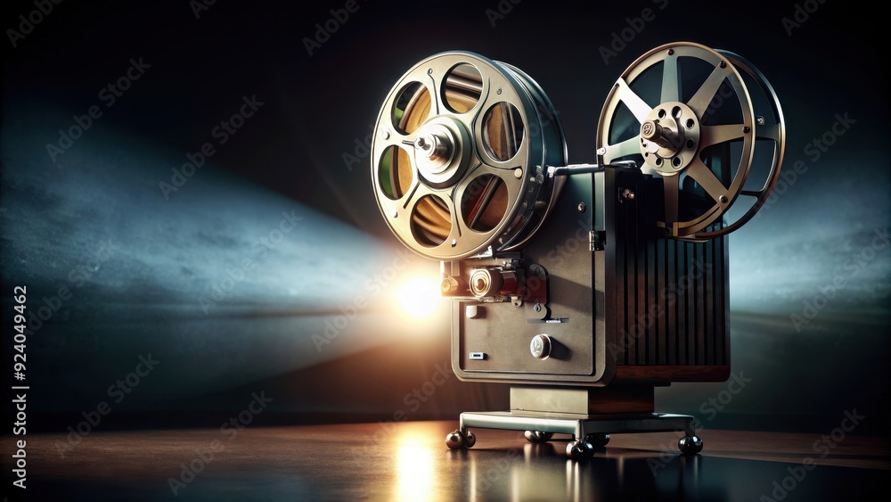 Obraz premium Super 8mm film projector on black background with dramatic lighting, super 8mm, film projector, vintage